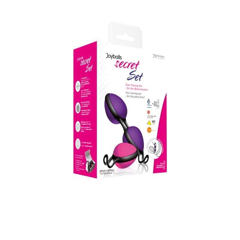 Verpackung der Joyballs Secret Set mit lila und pinken Kugeln.