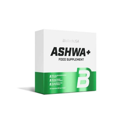 Weiße Schachtel mit grünem Streifen. Aufschrift: BioTechUSA, ASHWA+, Food Supplement. Enthält 30 Kapseln.