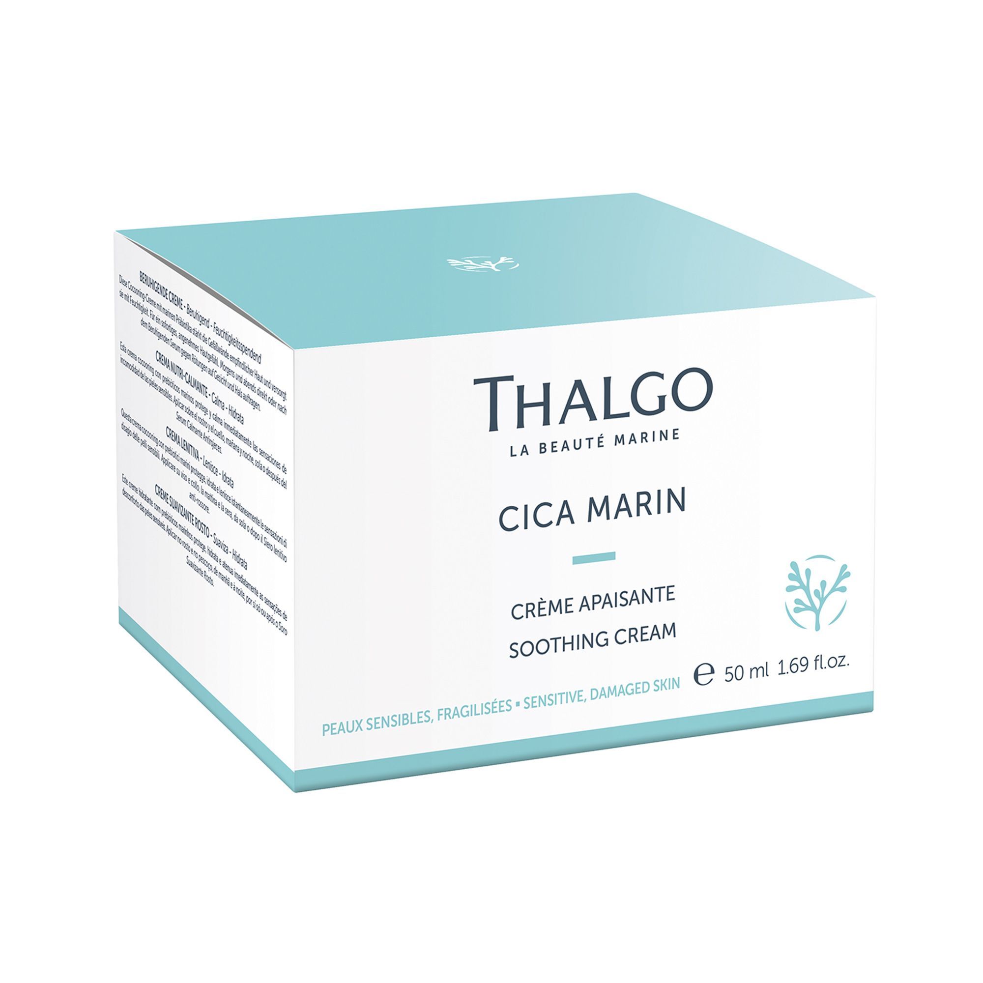 Kartonverpackung mit THALGO-Logo und Produktbezeichnung CICA MARIN. Text: CRÈME APAISANTE, 50 ml.