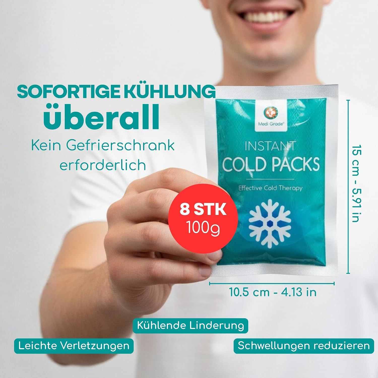 Person hält eine "Instant Cold Packs" Packung. Abmessungen: 15x10.5 cm. 8 Stück, 100g.