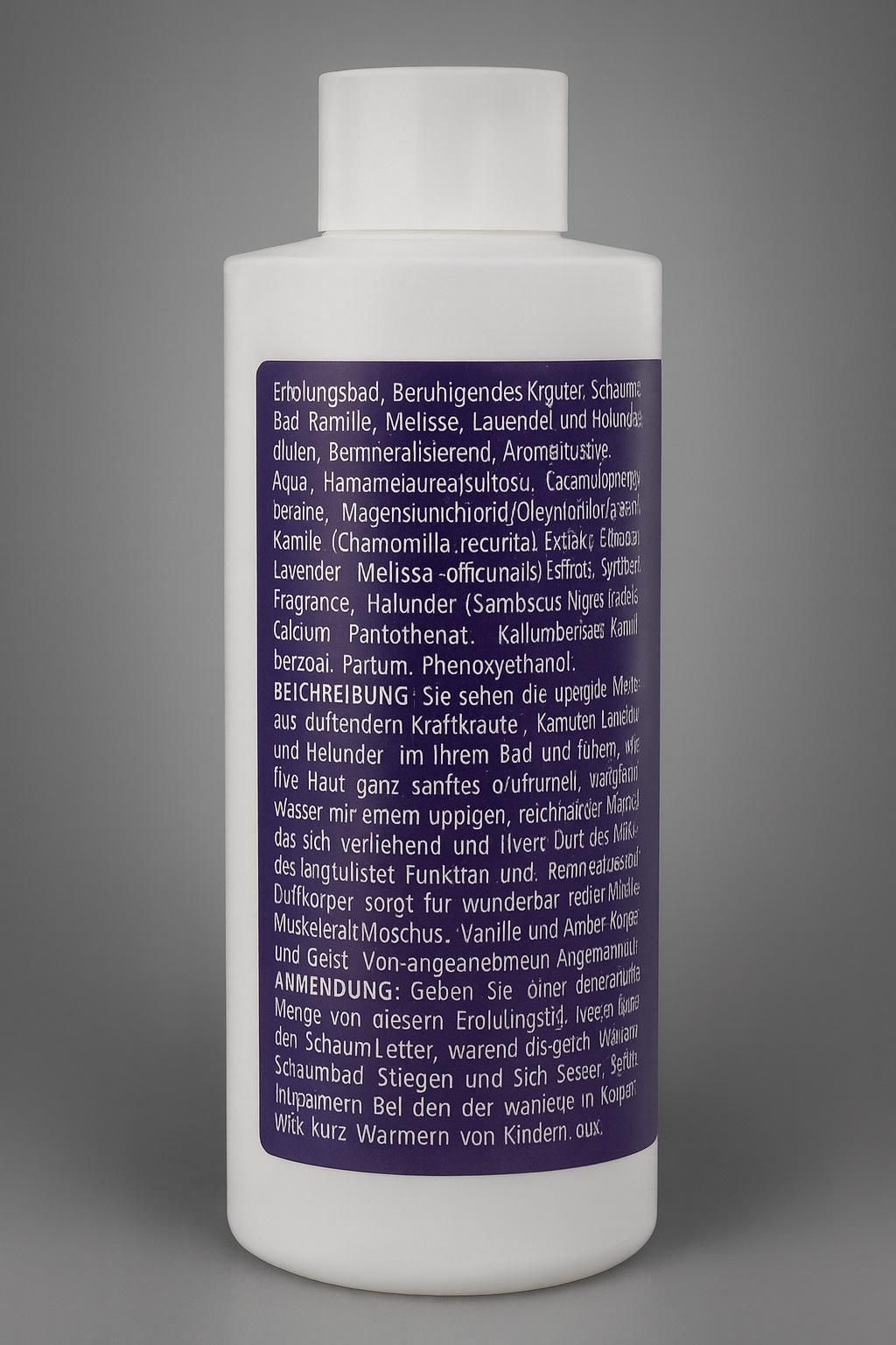 Rückseite einer weißen Flasche. Text: Inhaltsstoffe, Anwendungshinweise. Produkt: Herbal Therapy Erholungsbad. Lila Etikett mit weißer Schrift.