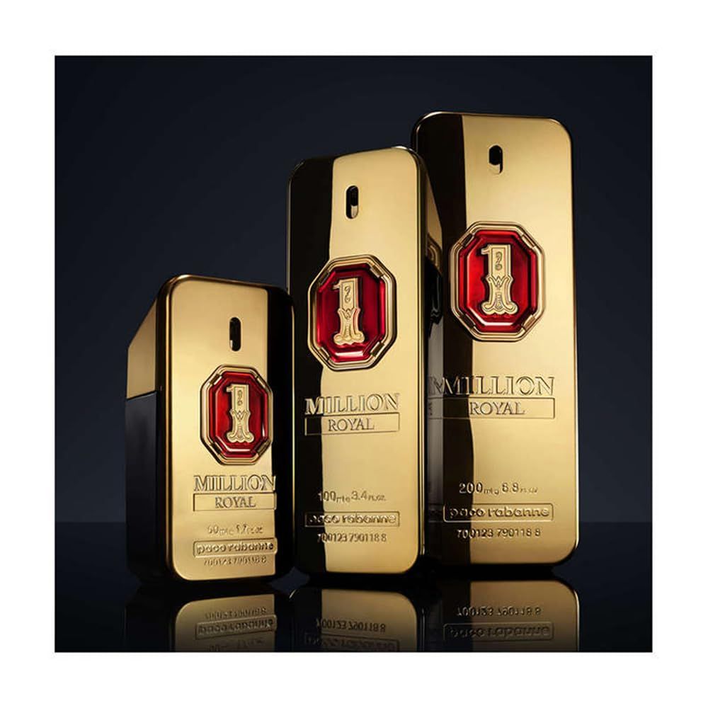 Drei goldfarbene Flakons. Aufschrift: 1 Million Royal. Marke: Paco Rabanne. Verschiedene Größen.