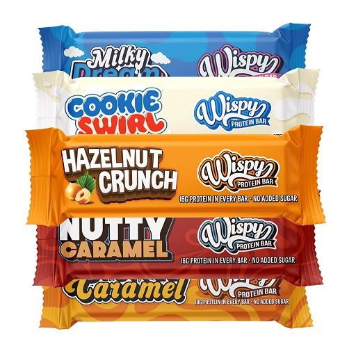 Fünf Wispy Protein Riegel in verschiedenen Geschmacksrichtungen: Milky Dream, Cookie Swirl, Hazelnut Crunch, Nutty Caramel, Caramel.