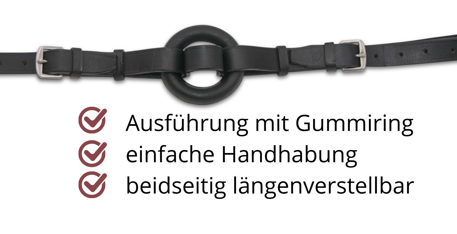 Schwarzes Lederprodukt mit Gummiring und Schnallen. Beidseitig längenverstellbar.
