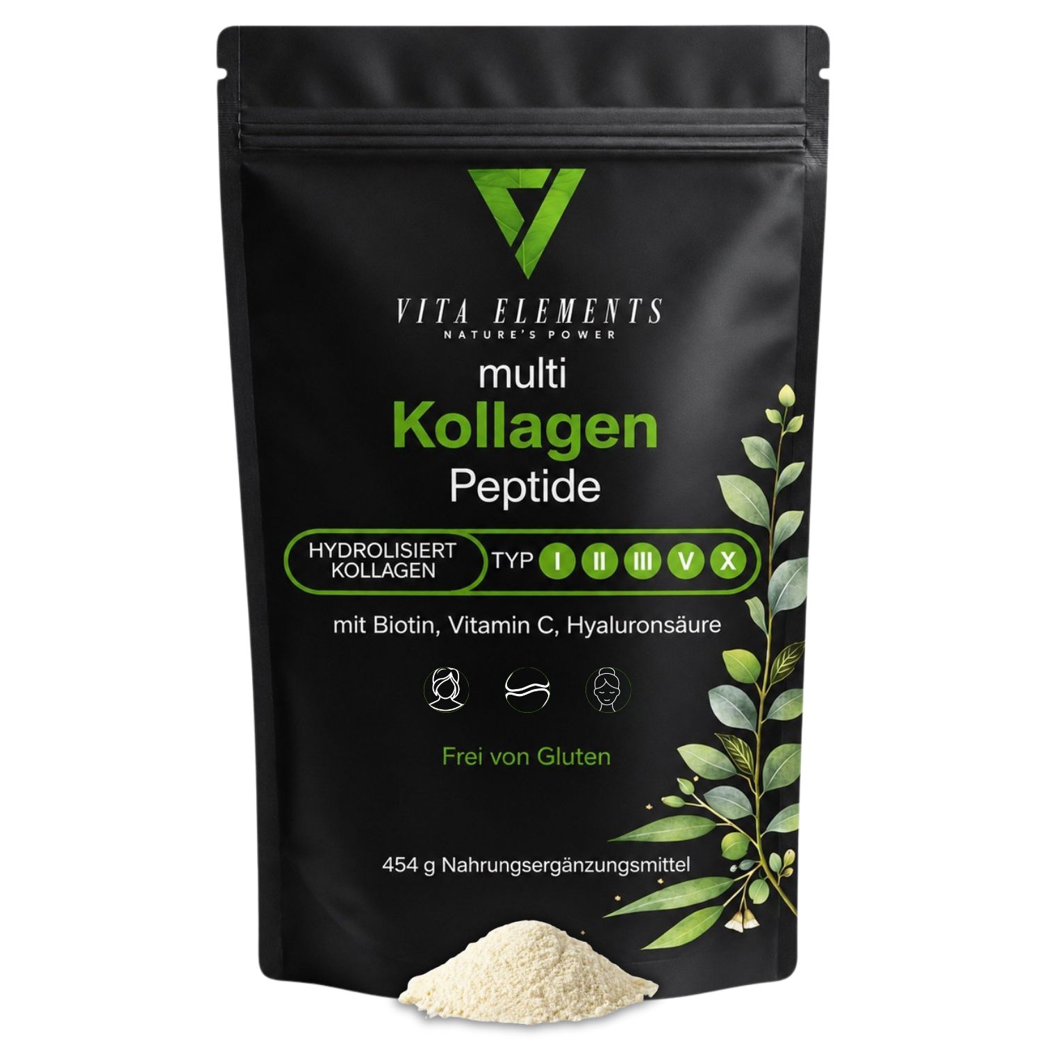 Vita Elements Multi Kollagen Peptide Beutel mit einem Haufen Pulver. Enthält hydrolysiertes Kollagen Typ I, II, III, V, X mit Biotin, Vitamin C, Hyaluronsäure. Glutenfrei.