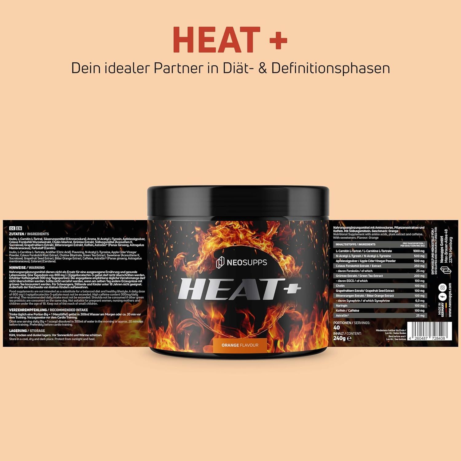 Schwarze Dose "HEAT+" mit Etikett. Text: "Dein idealer Partner in Diät- & Definitionsphasen".