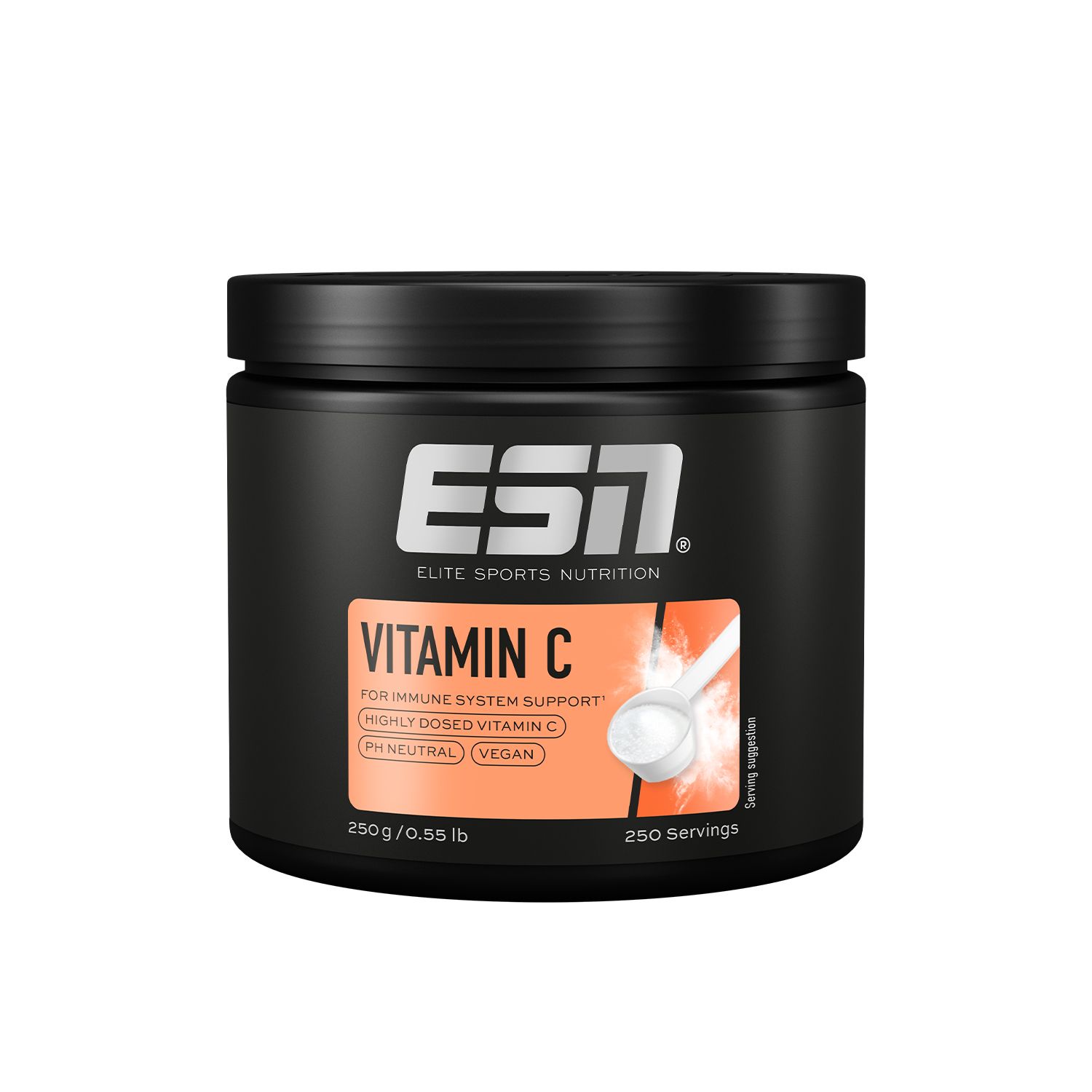 Schwarze Dose ESN Vitamin C Pulver. Orangefarbener Aufkleber mit Produktinformationen. Vegan, pH-neutral, 250g/0.55 lb.