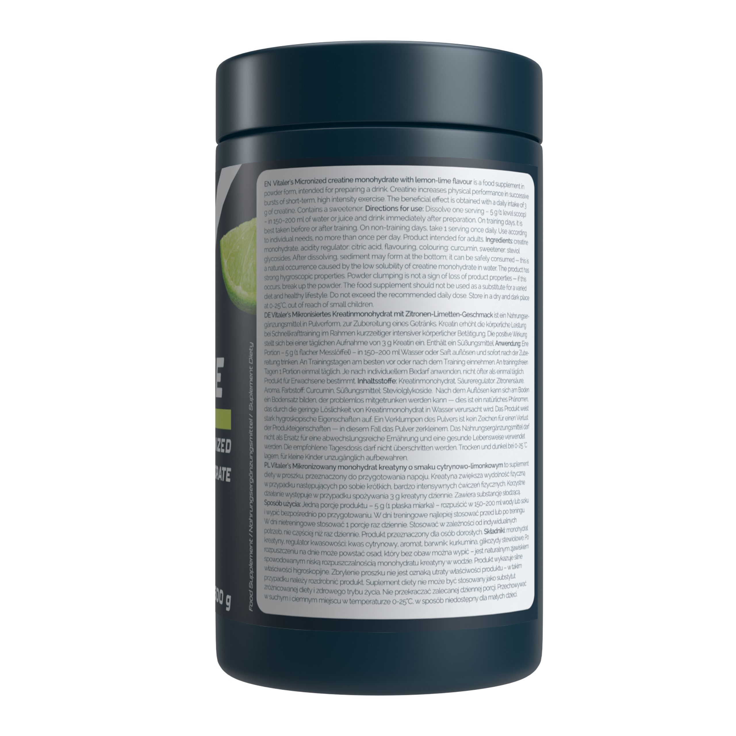 Rückseite eines dunklen Behälters mit Vitaler's Sport Kreatin Monohydrat, detaillierten Informationen und Zutaten.