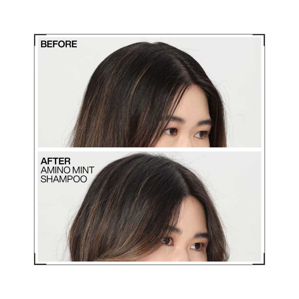 Vorher-Nachher-Vergleich. Oben: Haare vor der Anwendung. Unten: Haare nach der Anwendung von Amino Mint Shampoo.