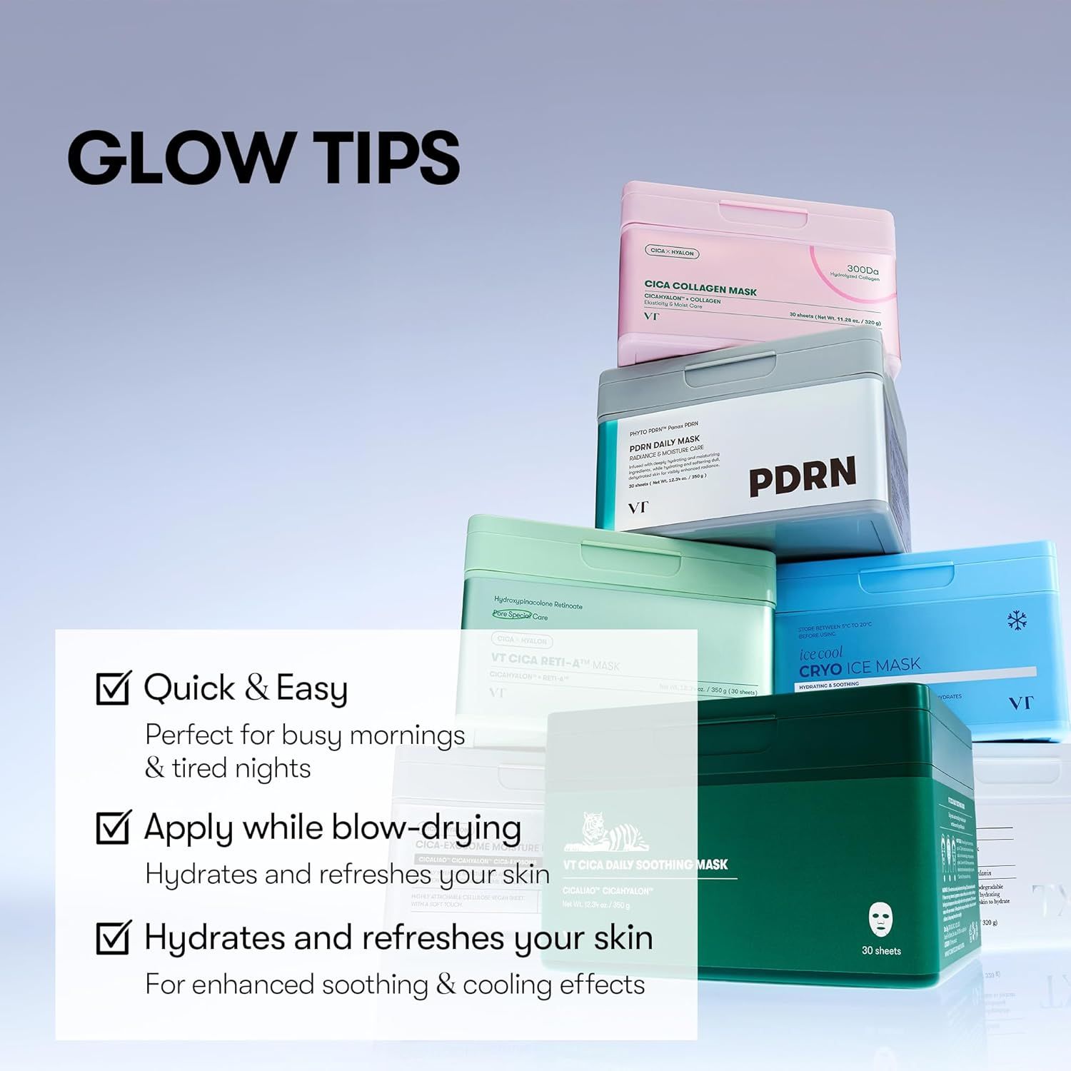 Verschiedene Maskenboxen. Text: Quick & Easy, Apply while blow-drying, Hydrates and refreshes your skin.