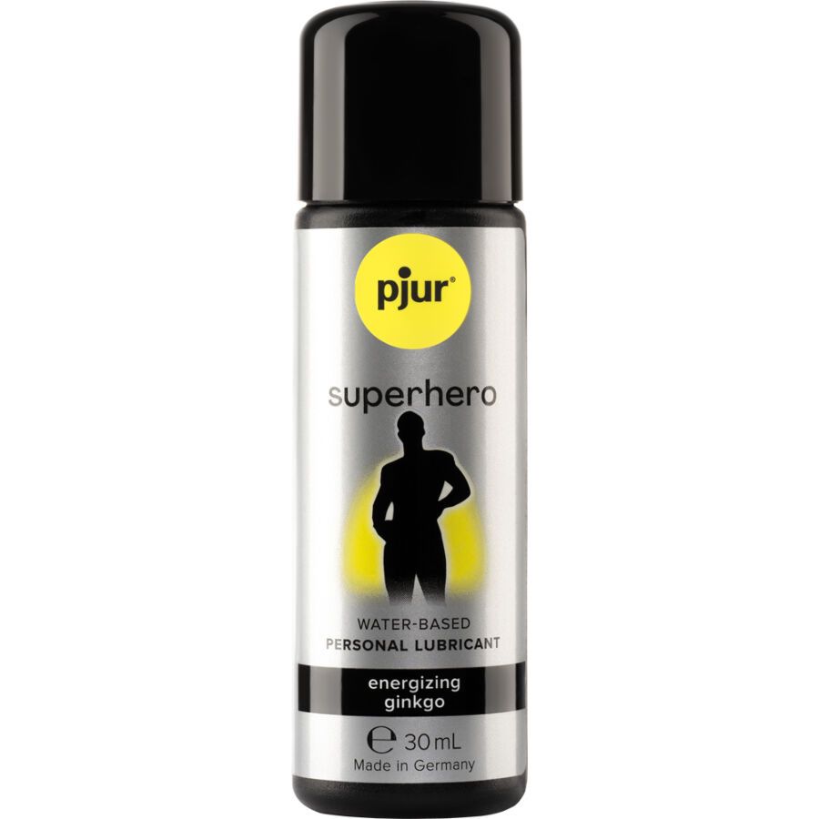 Körperpflegeprodukt mit schwarzem Deckel. Aufschrift: pjur superhero energizing ginkgo. Enthält 30 ml.