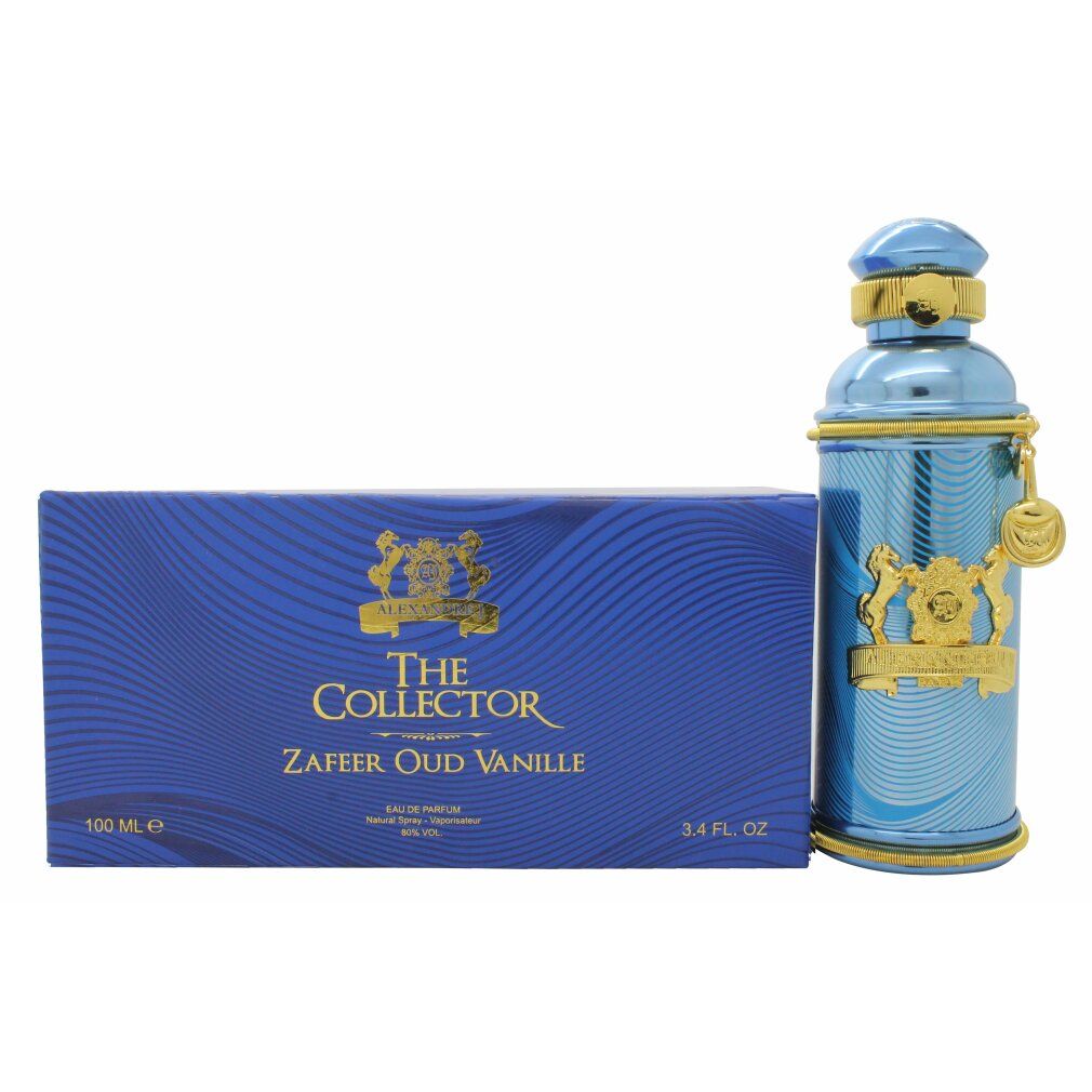 Blaues Paket und Flasche nebeneinander. Flasche: Türkis mit goldenen Verzierungen. Paket: Alexandre.J The Collector Zafeer Oud Vanille.
