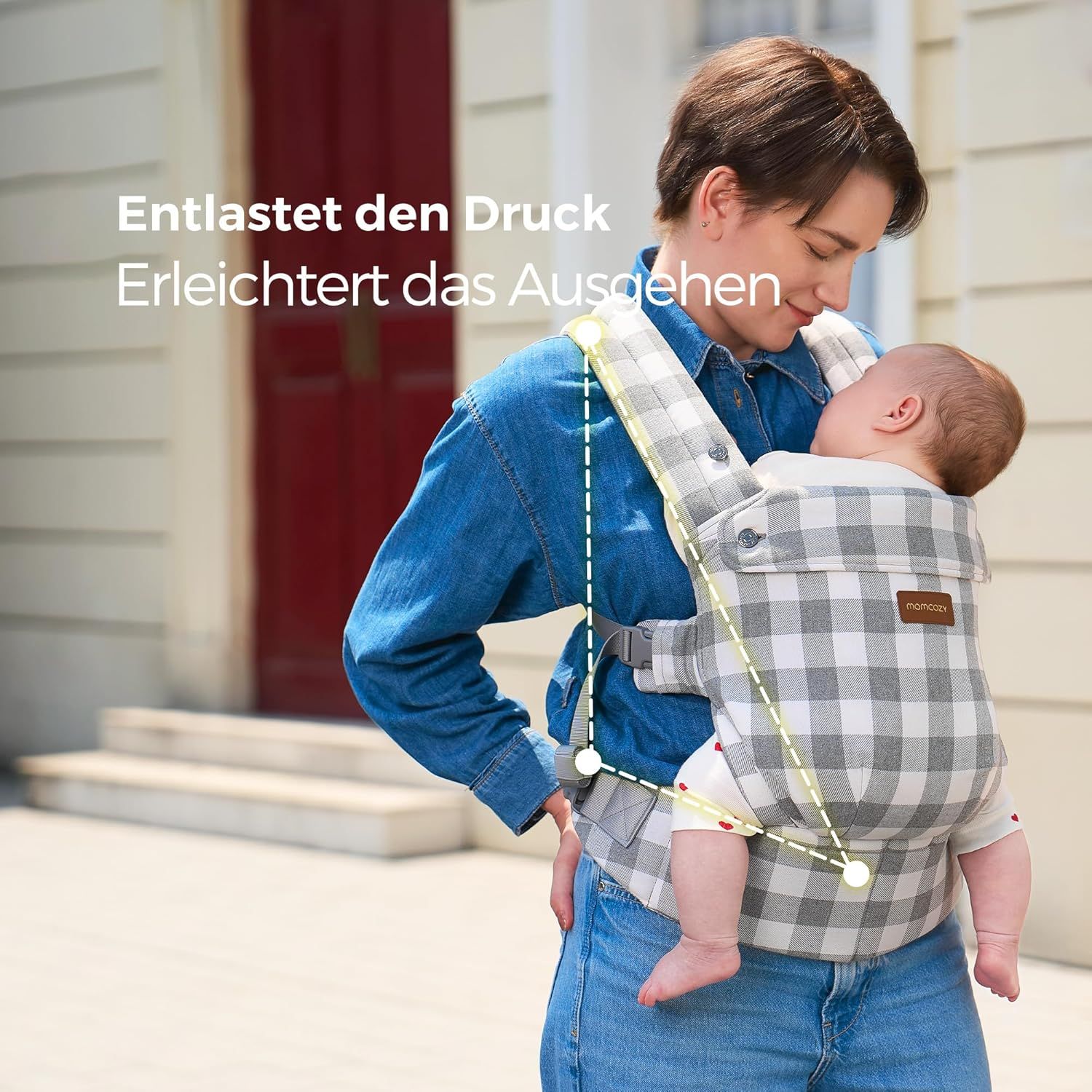 Momcozy Baby Trage - Leichte & Atmungsaktive Karomuster-Blau-Grau