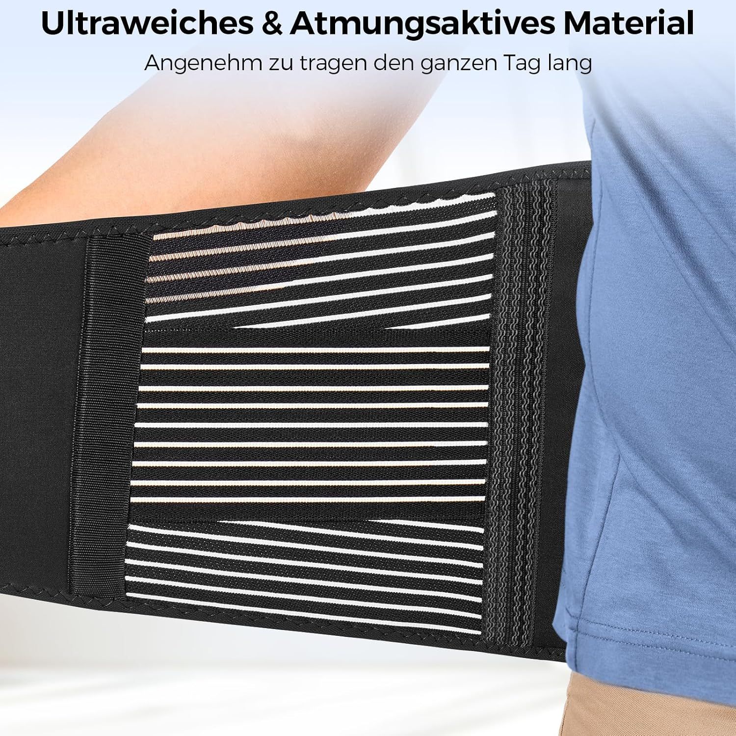 Detailansicht eines atmungsaktiven Lendenwirbelstützgürtels mit gestreiftem Stoff.