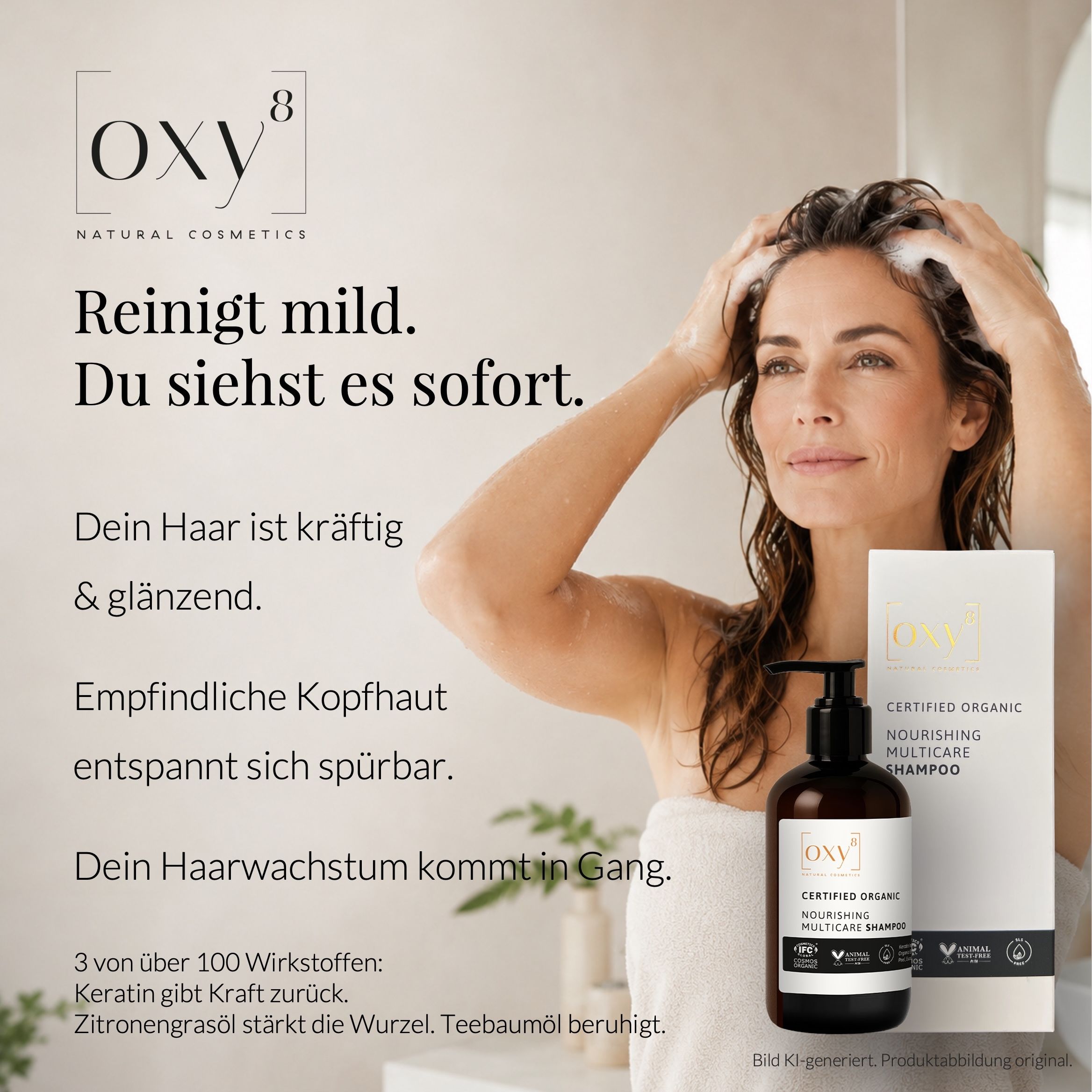 Frau wäscht sich die Haare, OXY8 Shampoo Flasche und Karton.