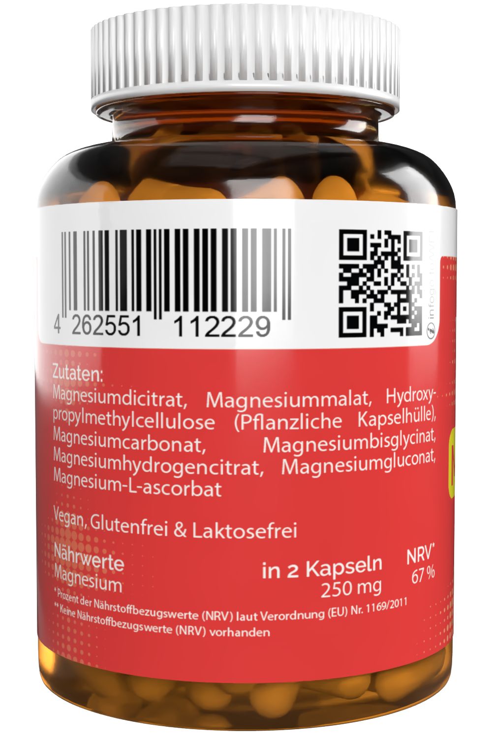 Rückseite der Flasche. Rotes Etikett mit Zutatenliste, QR-Code und Barcode. Angaben zu Magnesiumgehalt und "Vegan, Glutenfrei & Laktosefrei".