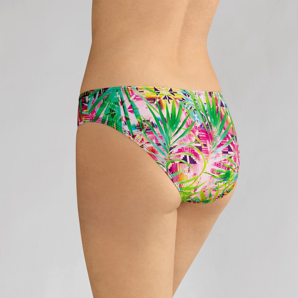 Panty mit tropischem Muster. Rosa Grund, grüne und pinkfarbene Blätter. Schwarzer Bund mit gelber Ziernaht.
