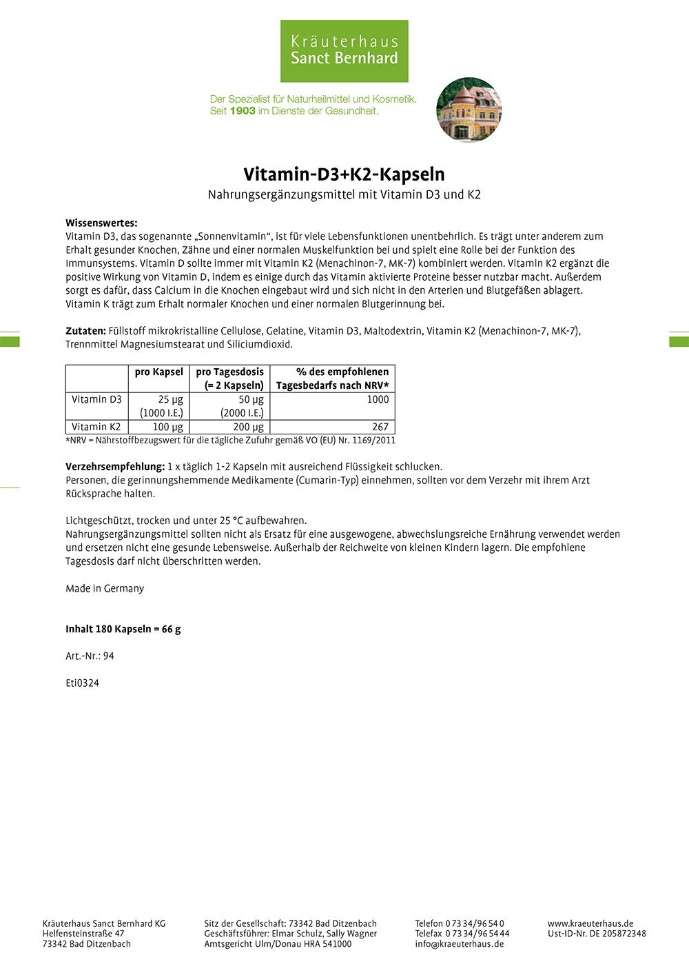 Weißes Blatt mit Text. Titel: Vitamin-D3+K2-Kapseln. Marke: Kräuterhaus Sanct Bernhard. Enthält Informationen zu Inhaltsstoffen und Dosierung.