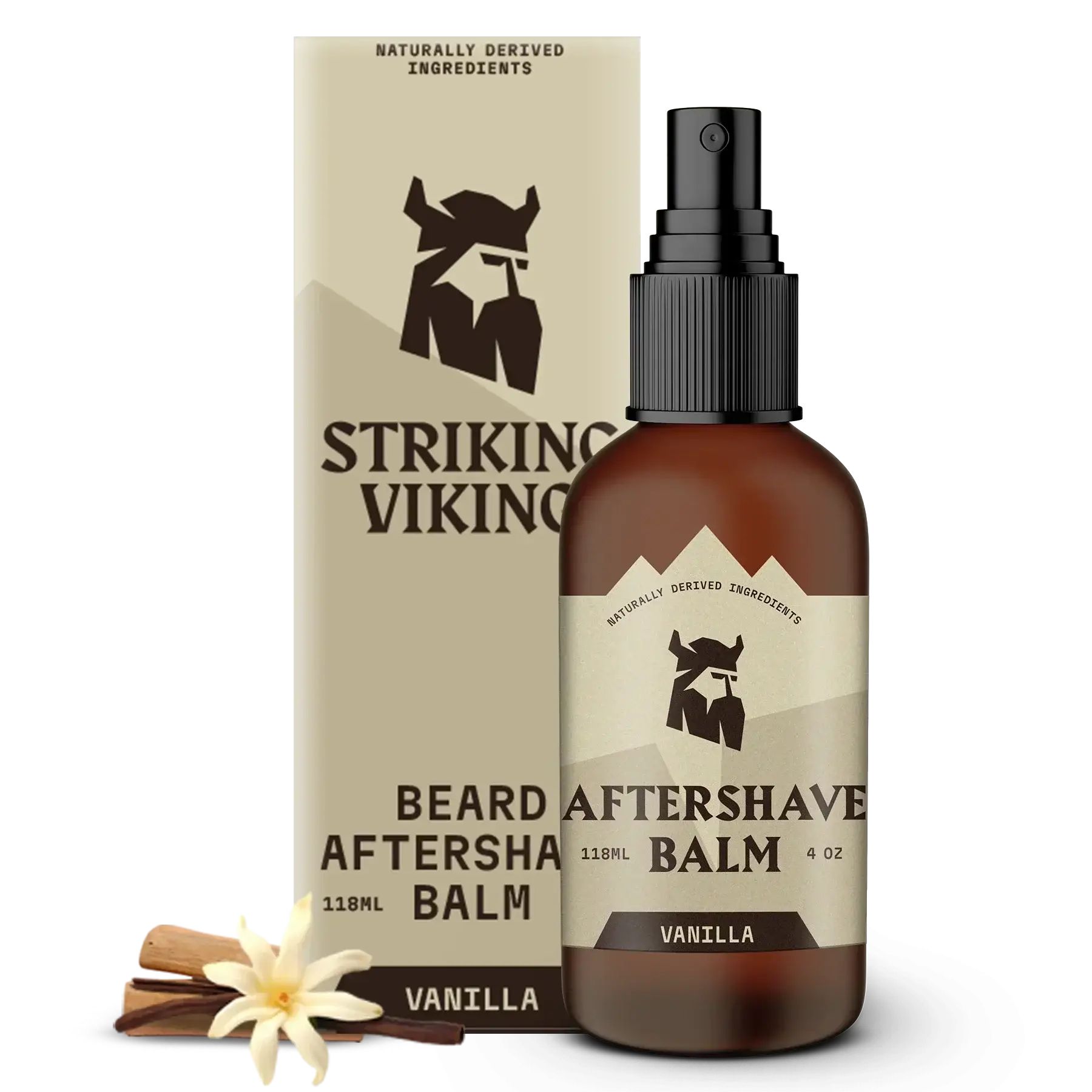 Braune Flasche und Verpackung mit Aufschrift "STRIKING VIKING". Produktname: Aftershave Balsam. Geschmack: Vanille.