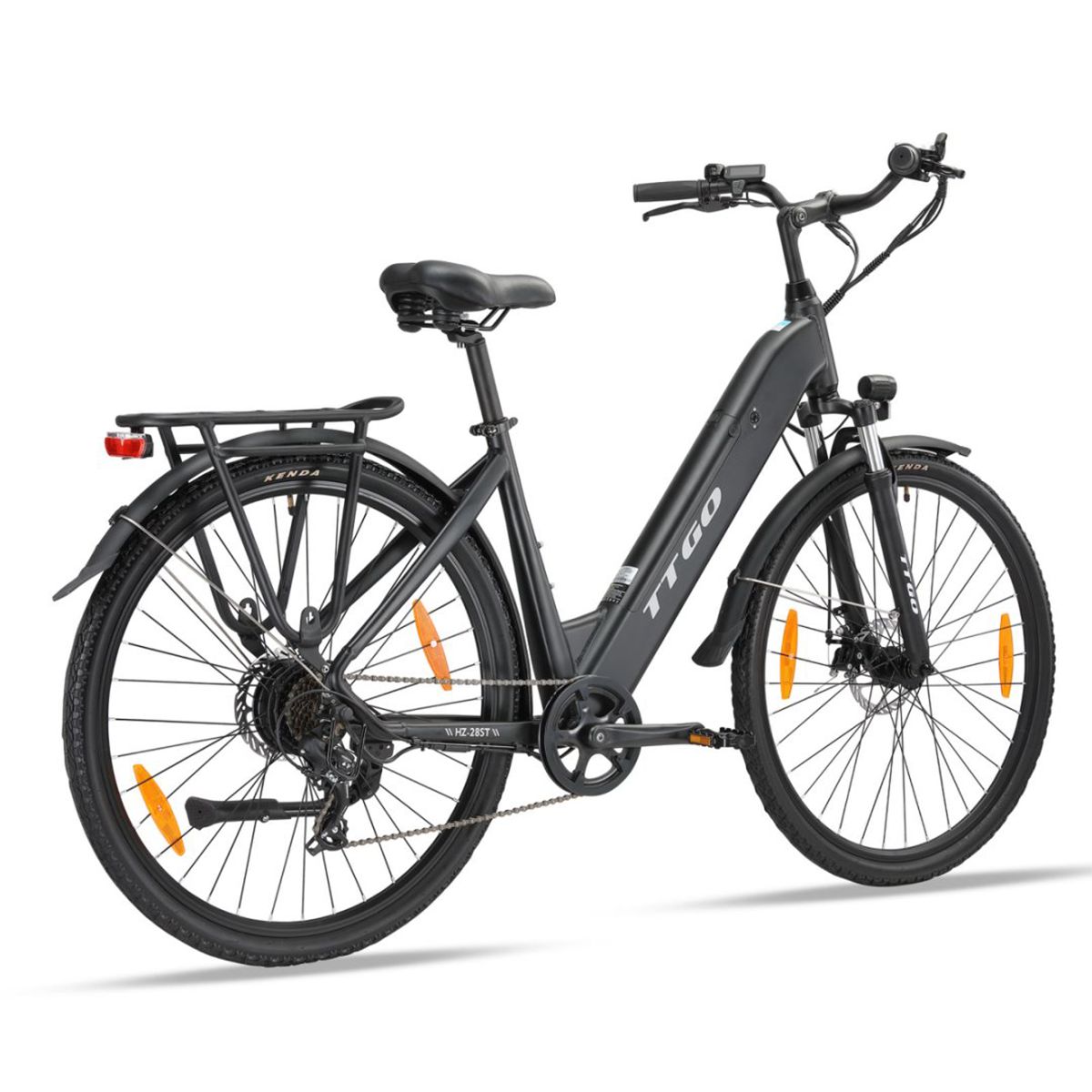 Schwarzes E-Bike TTGO. Gepäckträger, Schutzbleche, Scheinwerfer und Reflektoren. Kenda-Reifen.