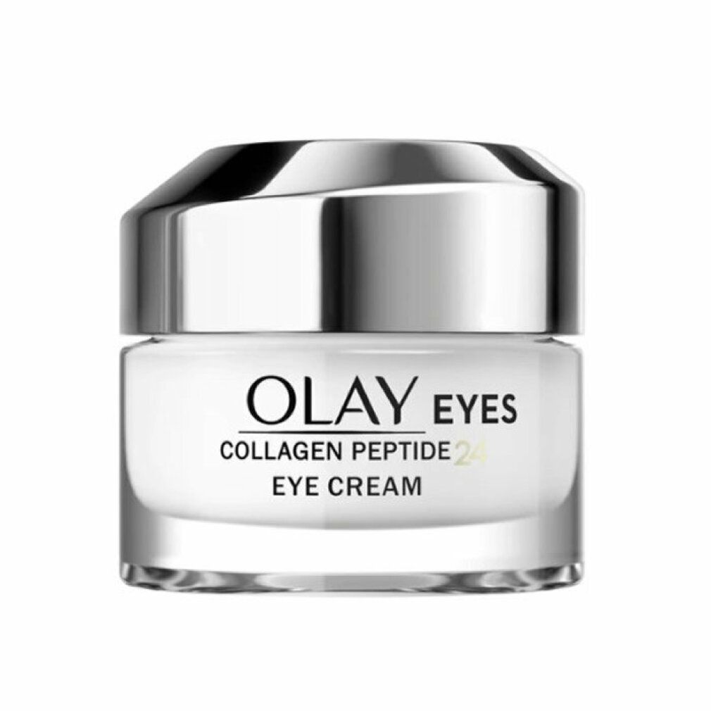 Cremebehälter mit silbernem Deckel. Aufschrift: Olay Eyes Collagen Peptide 24 Eye Cream.