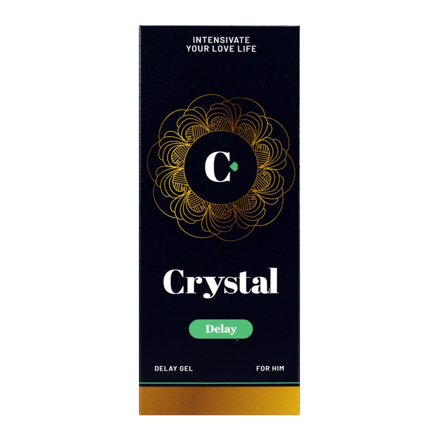 Schwarze Verpackung mit goldenem Muster und Schriftzug "Crystal Delay". Text: "Delay Gel für Ihn".