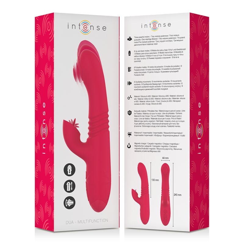 Verpackung eines roten Vibrators mit Produktabbildung und technischen Details.
