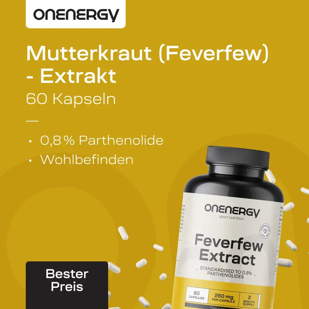 Drei Flaschen OnEnergy Mutterkraut Extrakt auf gelbem Hintergrund.