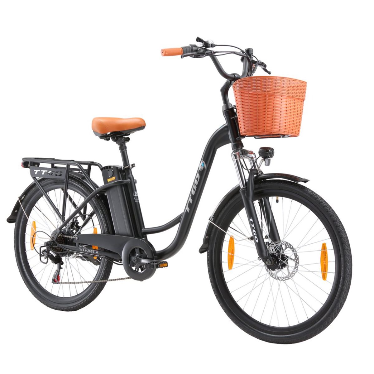 Schwarzes Elektrofahrrad mit Korb, braunem Sattel und orangefarbenen Griffen. TTGO-Logo am Rahmen.