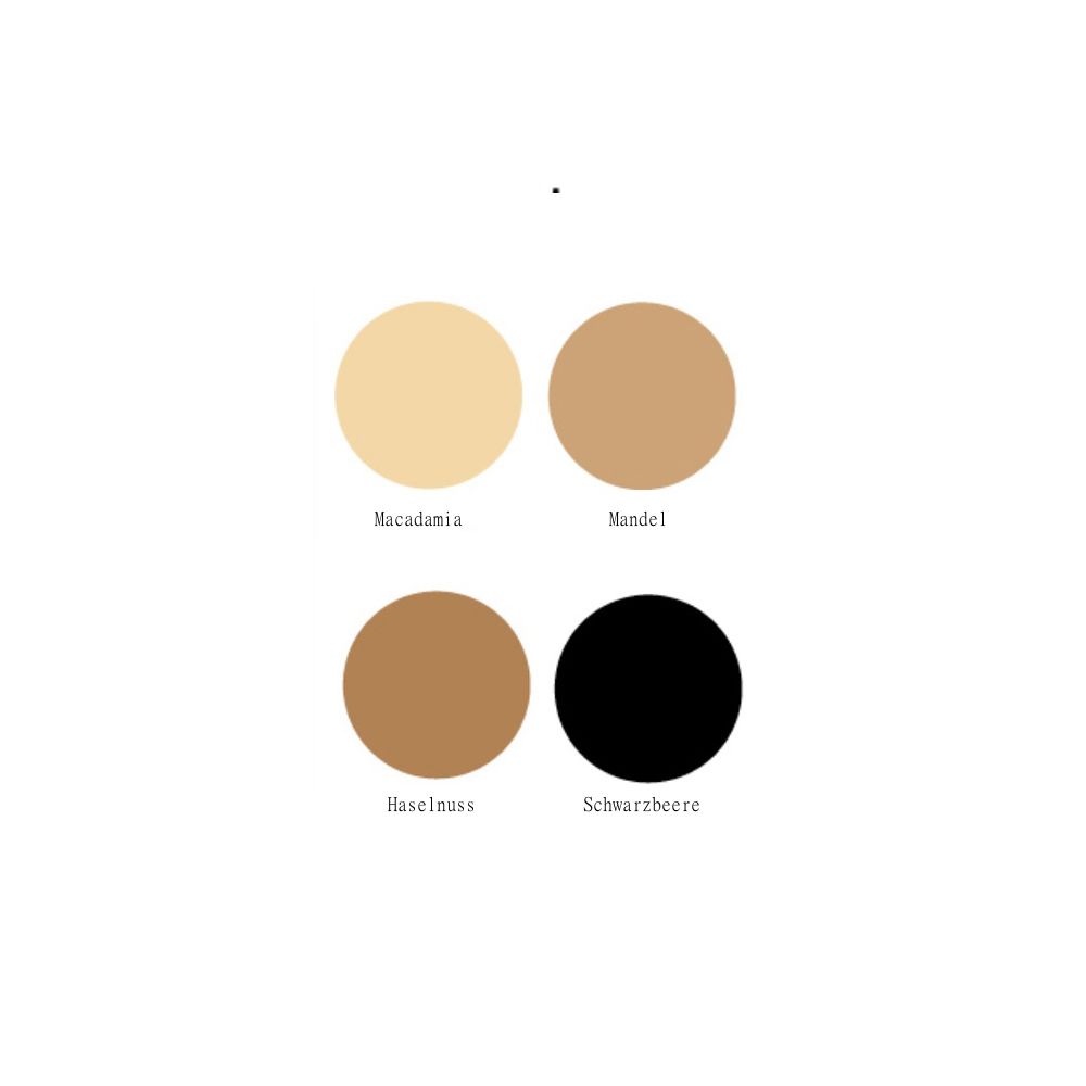 Farbpalette mit vier runden Farbfeldern: Macadamia, Mandel, Haselnuss und Brombeere.
