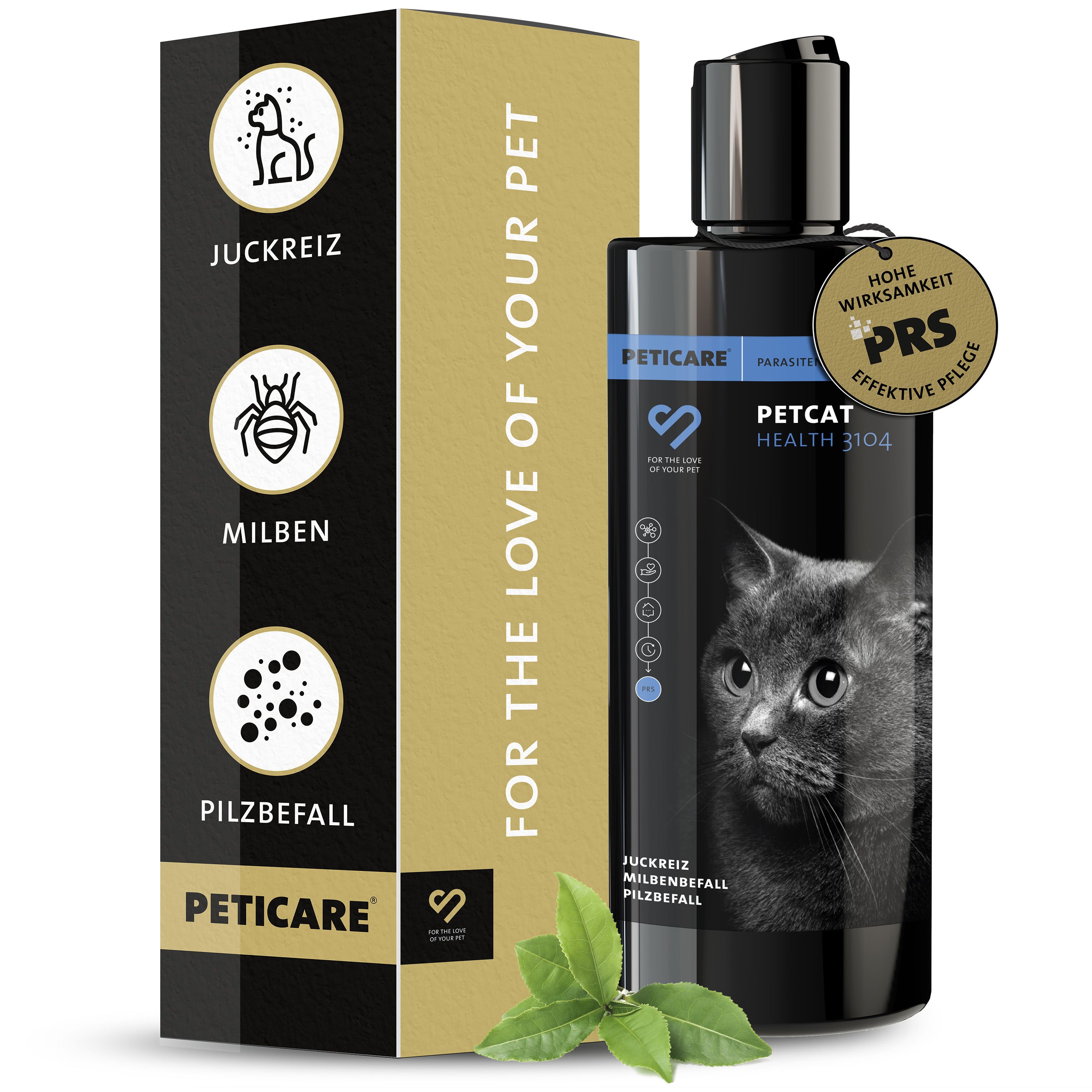 Peticare Katzen-Shampoo und Verpackung. Aufschrift: Juckreiz, Milben, Pilzbefall. Mit PRS-Siegel.