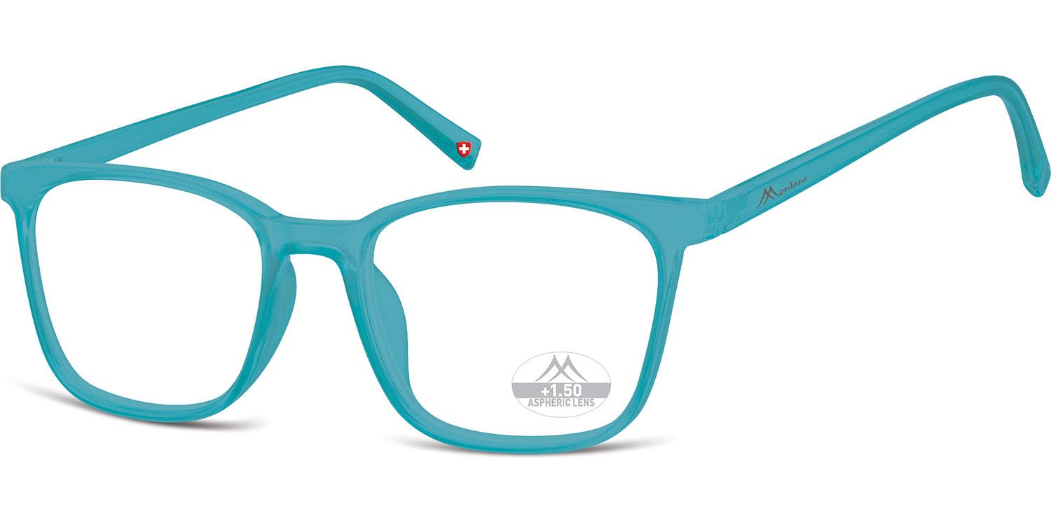 Türkisfarbene Brille mit rechteckigen Gläsern. Schweizer Kreuz am Bügel. Auf den Gläsern: Logo und Stärke +1.50.