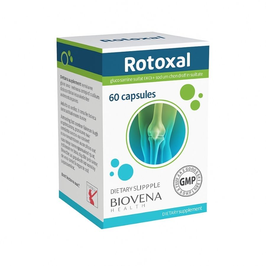 Karton mit "Rotoxal"-Kapseln. Enthält 60 Kapseln. Aufschrift: "Biovena Health". GMP-Zertifizierung.