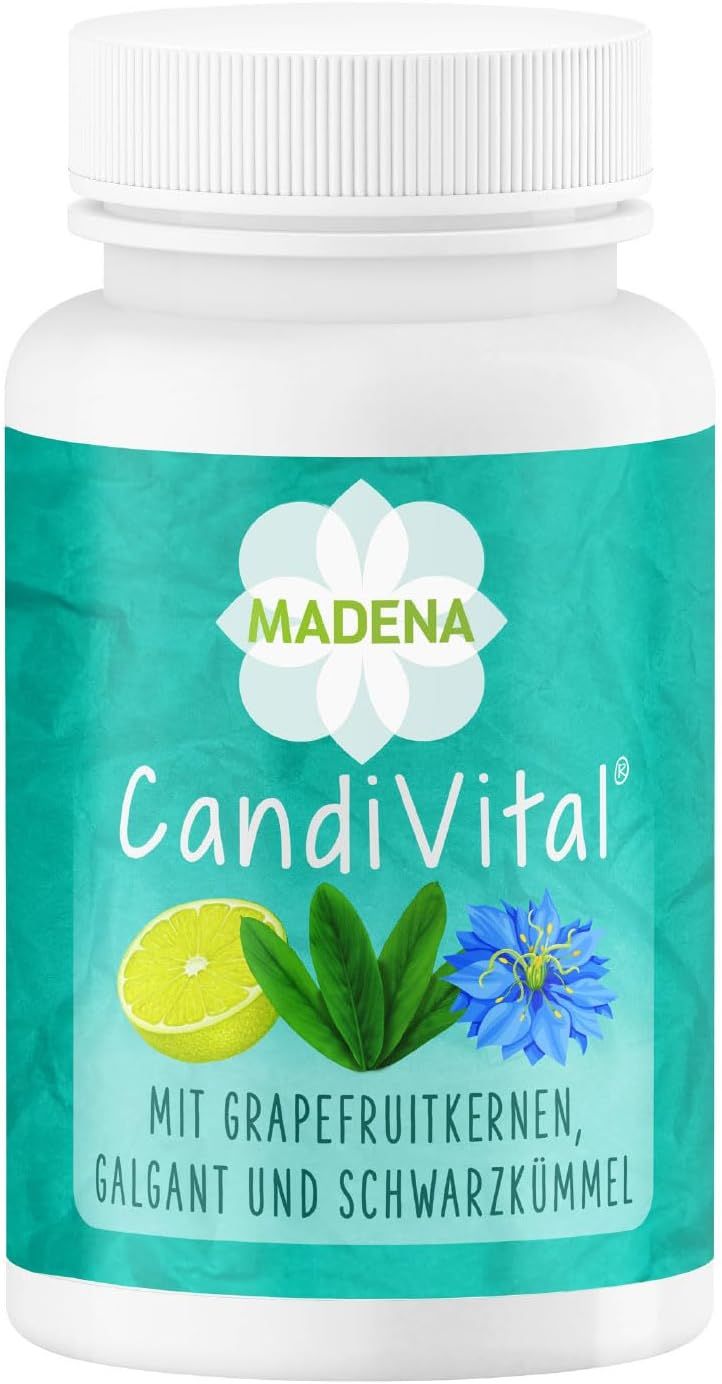 Weiße Flasche mit MADENA CandiVital. Aufschrift: Mit Grapefruitkernen, Galgant und Schwarzkümmel. Logo.
