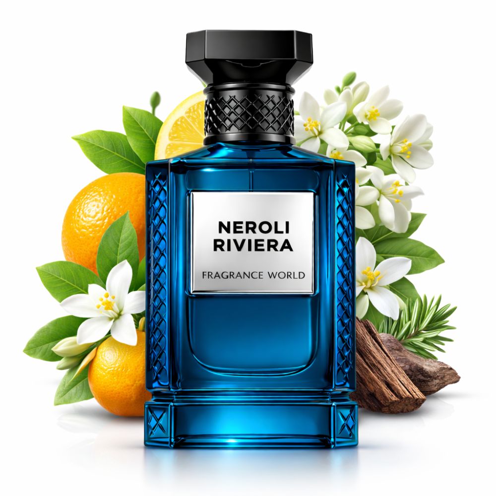 Blaues Parfümflakon mit Früchten und Blüten. Aufschrift: Neroli Riviera, Fragrance World.