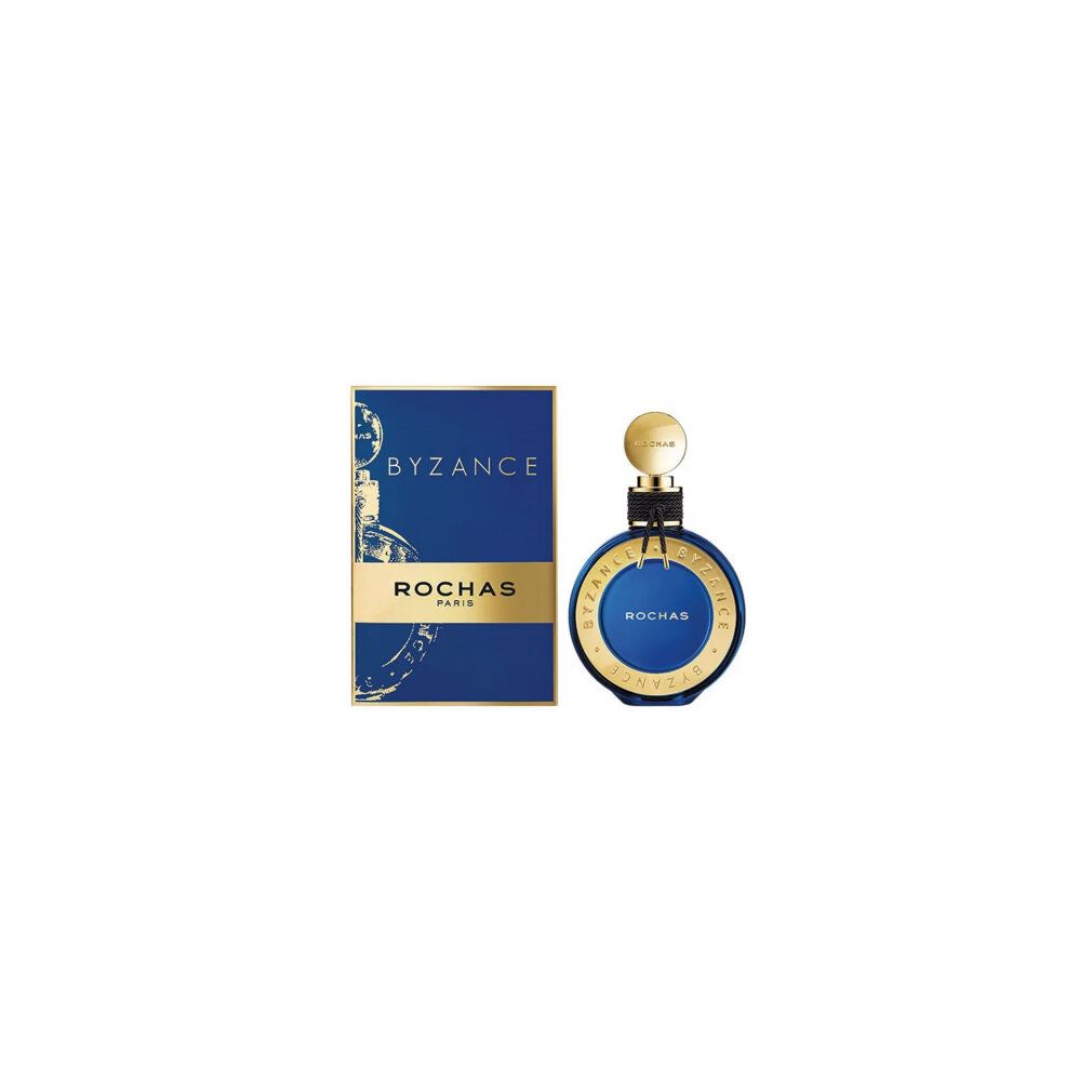 Blauer Flakon und Schachtel. Aufschrift: Rochas Byzance. Goldene Details. Flakon mit schwarzer Kordel und goldenem Deckel.