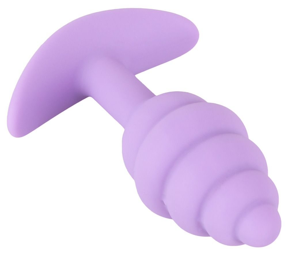 Lila Analplug mit geriffelter Spitze und T-förmigem Griff. Schräge Ansicht.