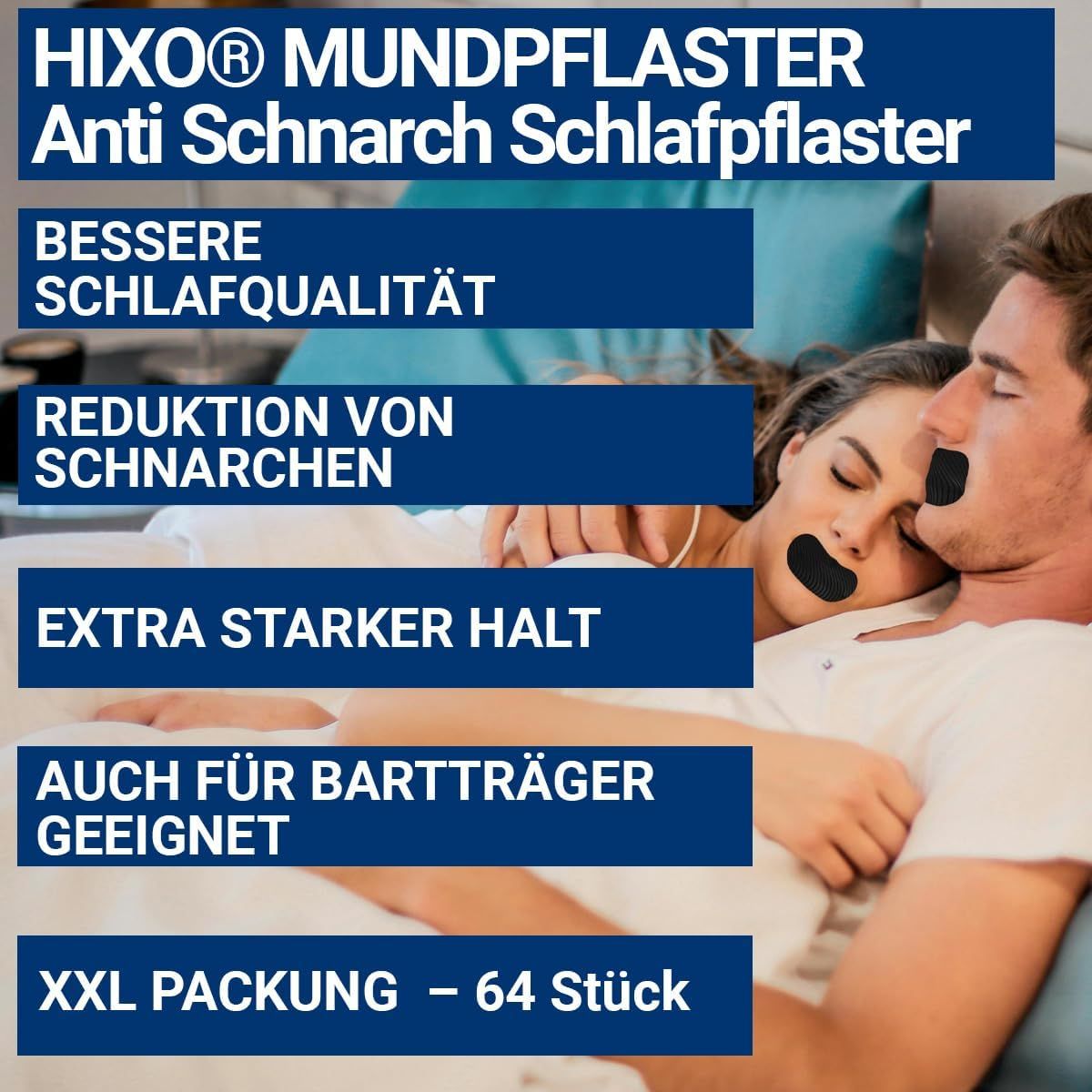 Paar im Bett, mit Mundpflastern. Text: Bessere Schlafqualität, Reduktion von Schnarchen, Extra starker Halt, Auch für Bartträger geeignet.