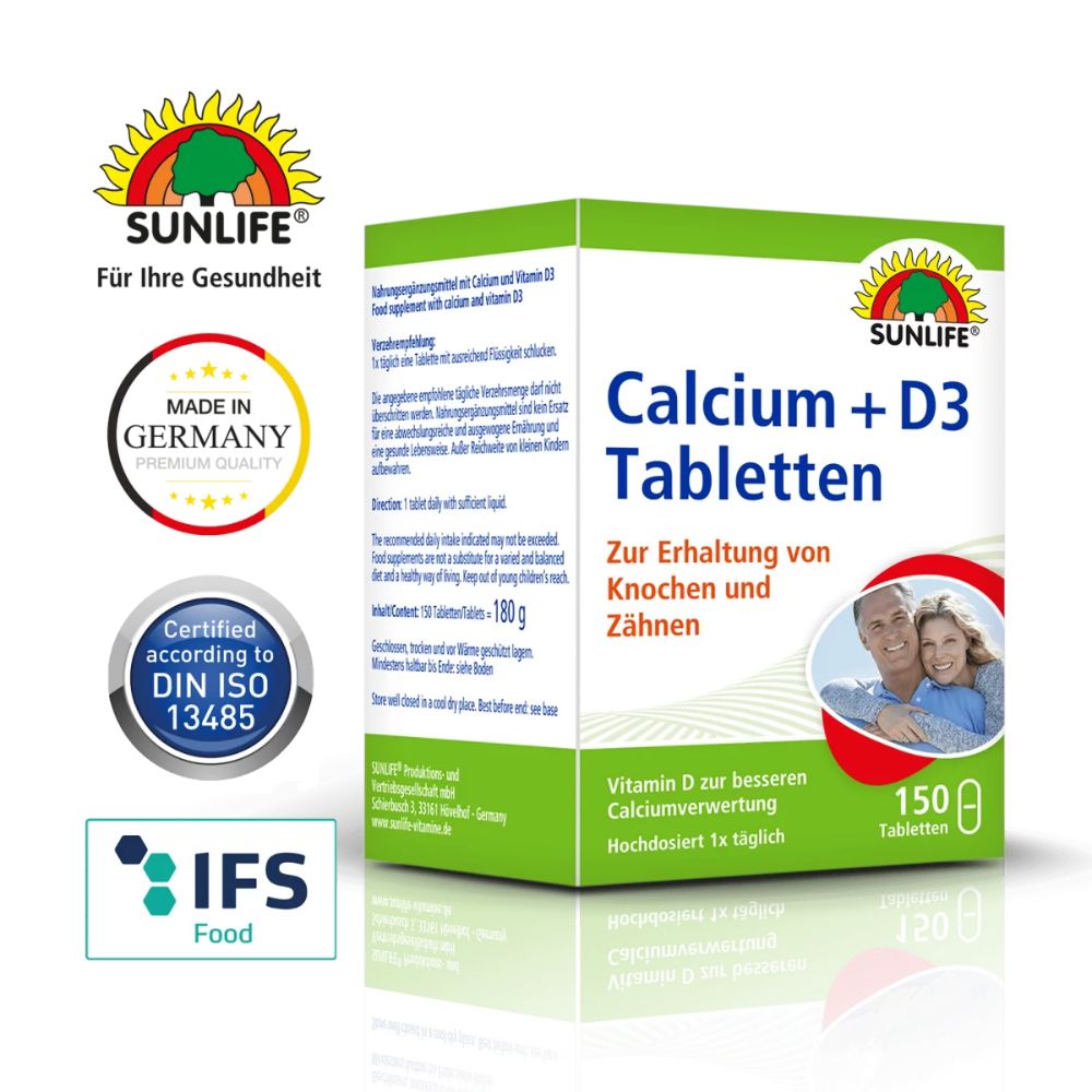 Grüne Schachtel mit SUNLIFE Calcium + D3 Tabletten. Enthält 150 Tabletten. Aufdruck: Zur Erhaltung von Knochen und Zähnen. Mit Zertifizierungen.
