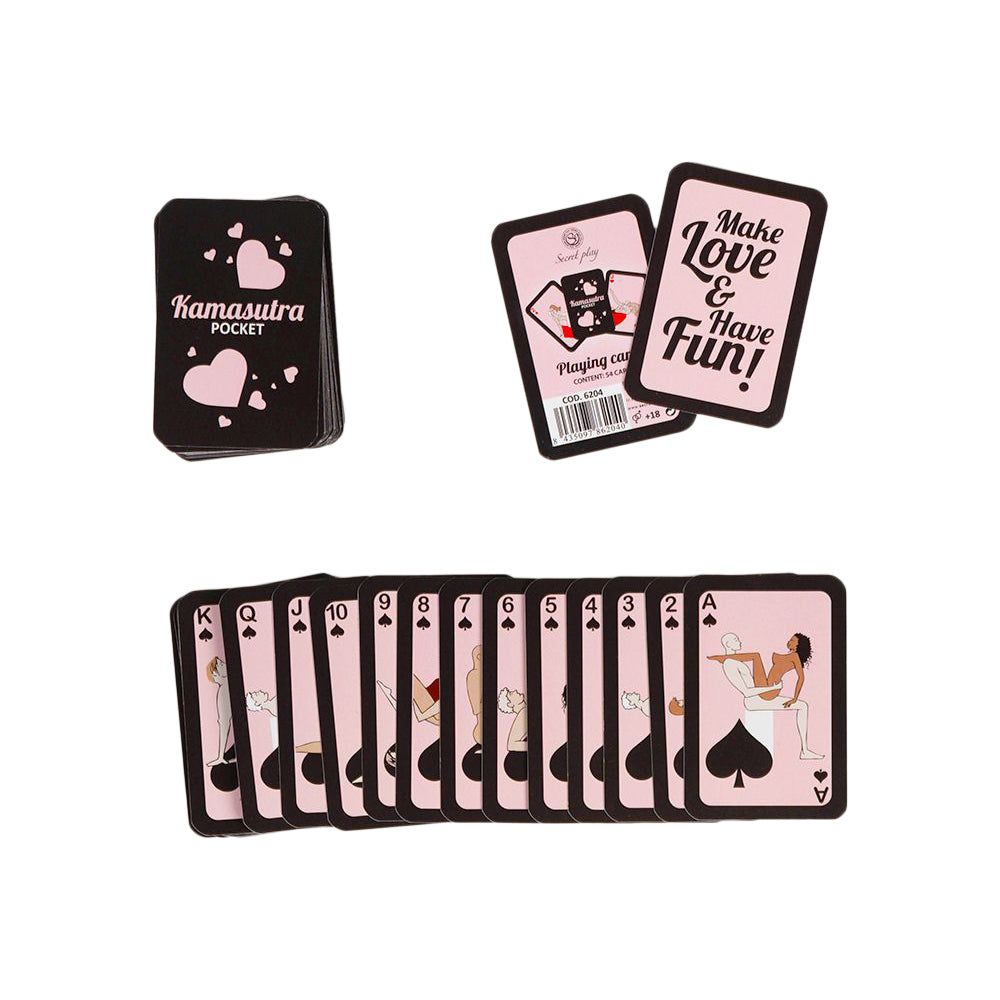 Spielkarten mit erotischen Illustrationen. Auf einigen Karten steht 'Kamasutra Pocket'. Karten zeigen 'Make Love & Have Fun!'