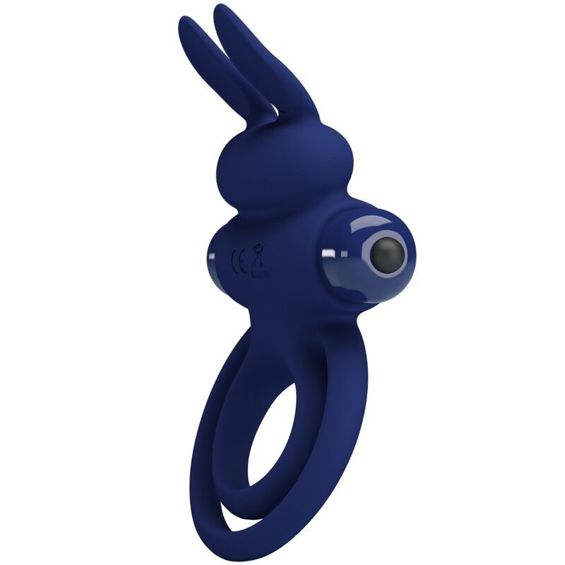 Blauer Rabbitvibrator mit Hasenohren und doppelter Ringform. Mit CE-Kennzeichnung.