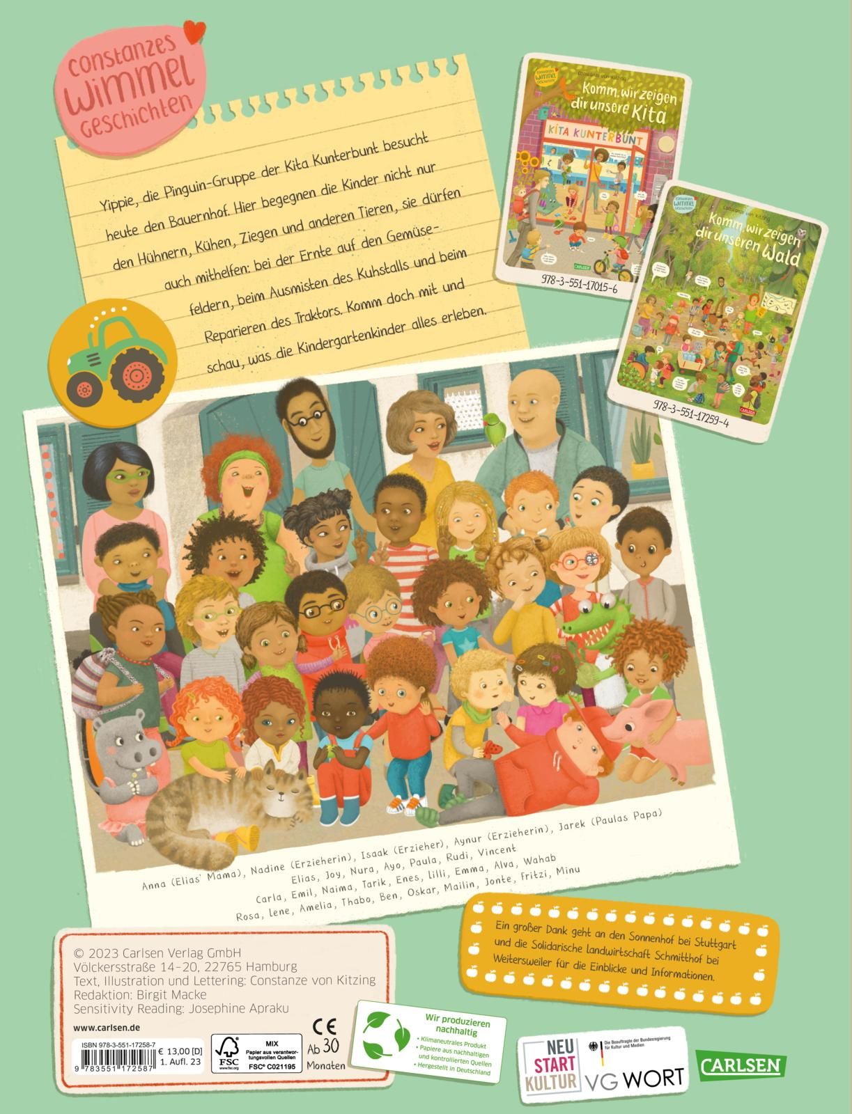 Rückseite des Buches "Komm, wir zeigen dir unseren Bauernhof". Illustration mit Kindern, Text und Karten. Verlag und Logo sichtbar.