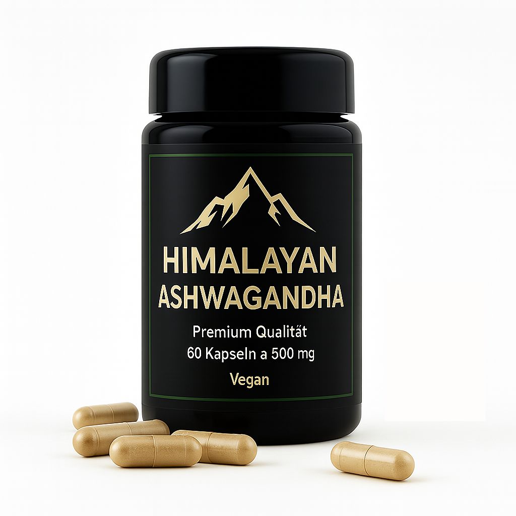 Schwarze Dose mit goldener Aufschrift: HIMALAYAN ASHWAGANDHA. Daneben Kapseln. Premium Qualität, 60 Kapseln, 500 mg, Vegan.