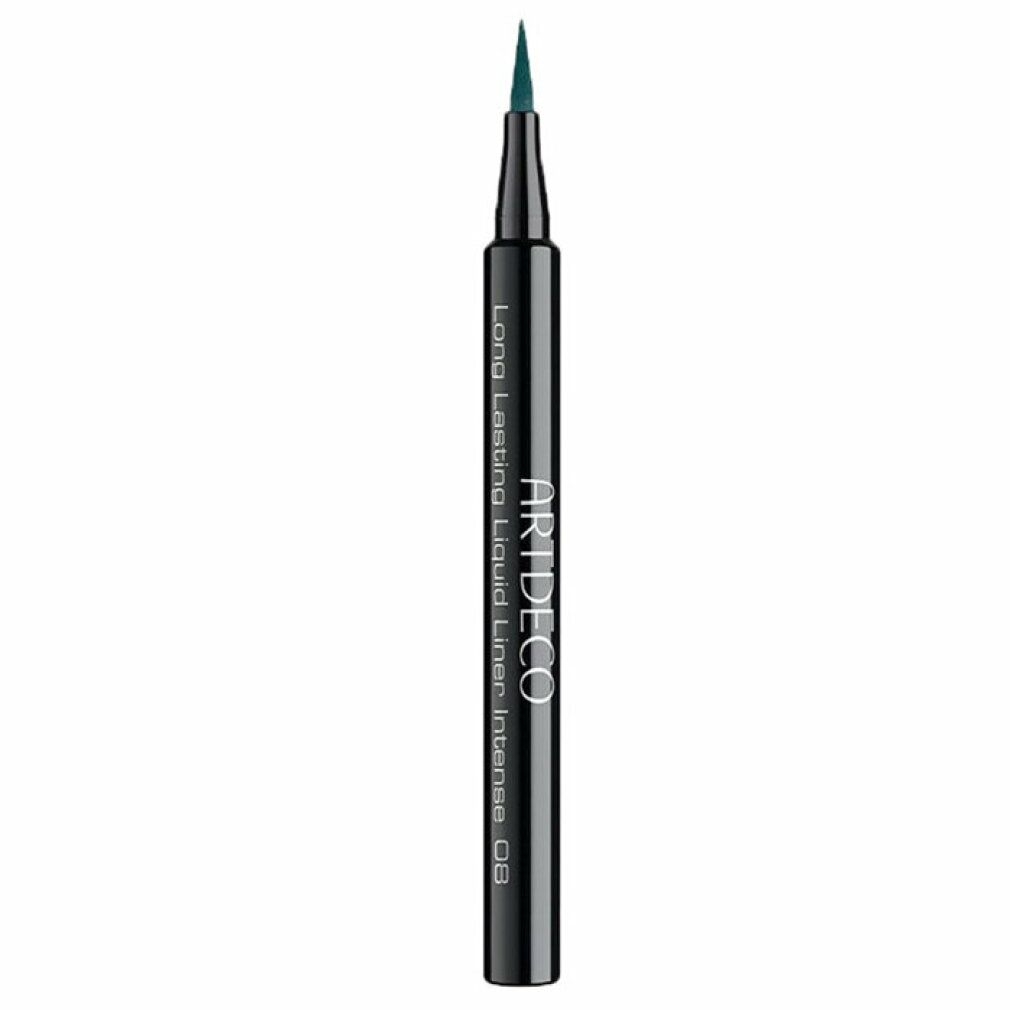Schwarzer Eyeliner mit grüner Spitze. Aufschrift: ARTDECO Long Lasting Liquid Liner Intense 08.