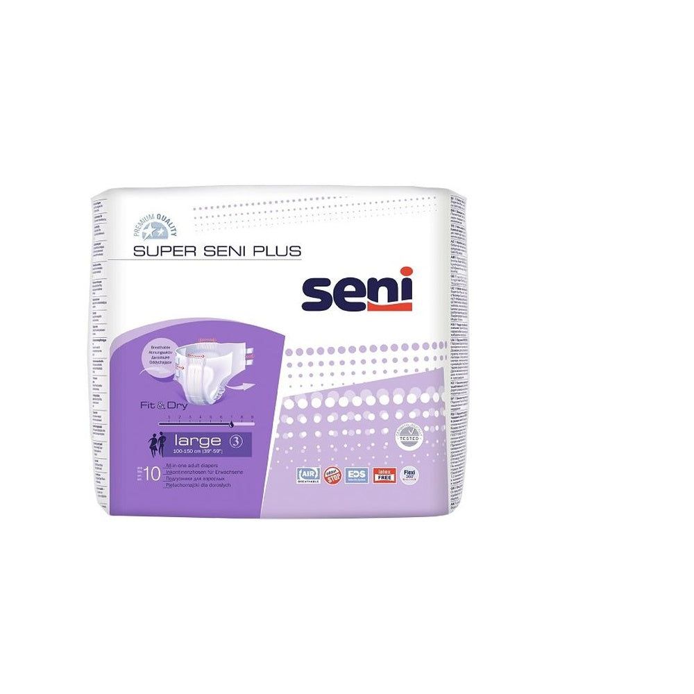 Verpackung mit Inkontinenzhosen. Marke Seni, Produktname Super Seni Plus. Größe Large, Packung mit 10 Stück.
