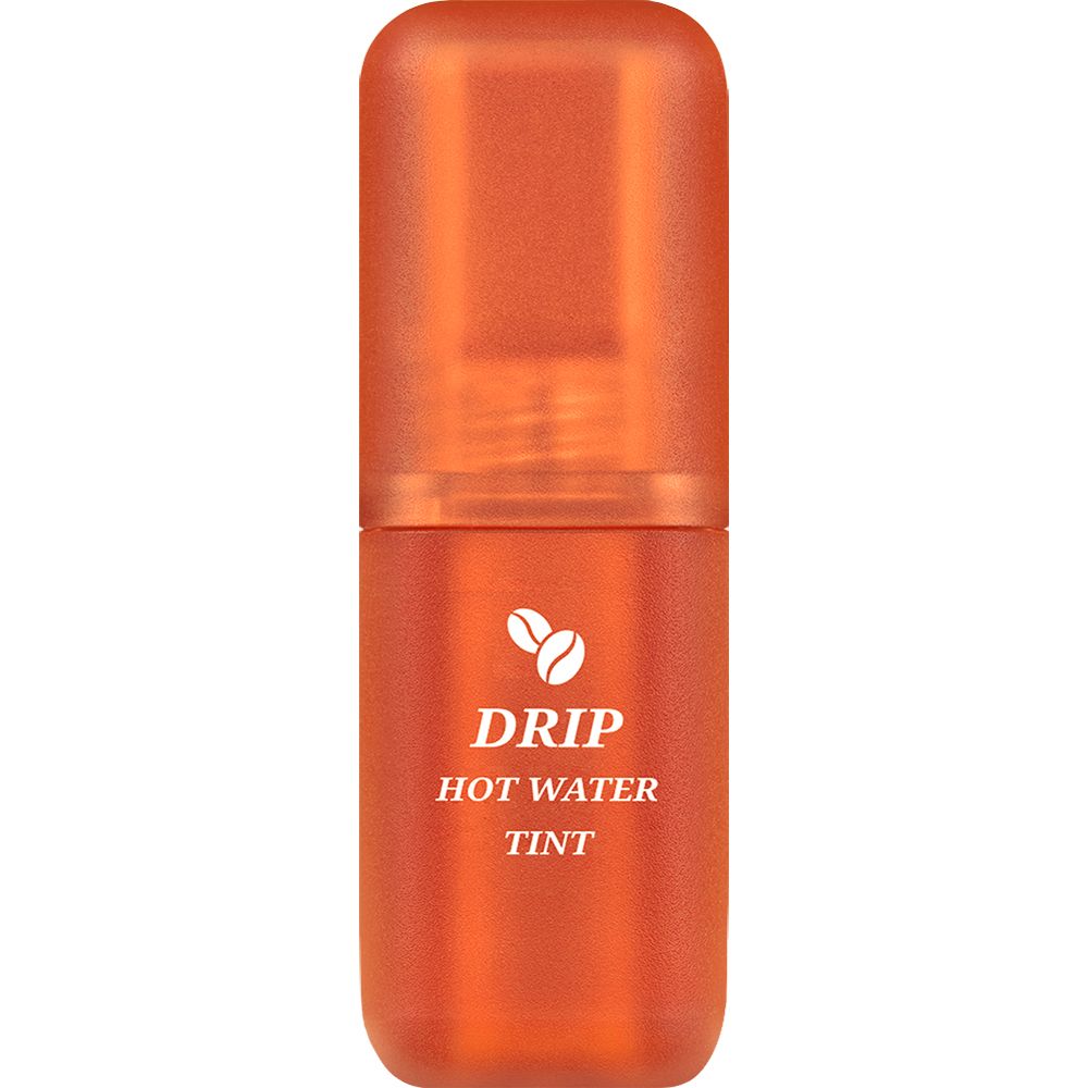Orangener Lip Tint mit Schriftzug 'Drip Hot Water Tint'. Kaffeebohnen-Symbol. Deckel aufgesetzt.