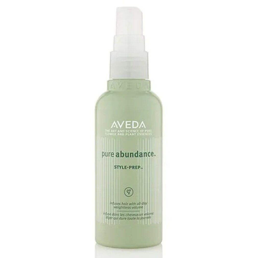 Grüne Flasche mit weißem Sprühkopf. Aufschrift: Aveda, pure abundance, Style-Prep. Text: Infuse hair with all-day weightless volume.