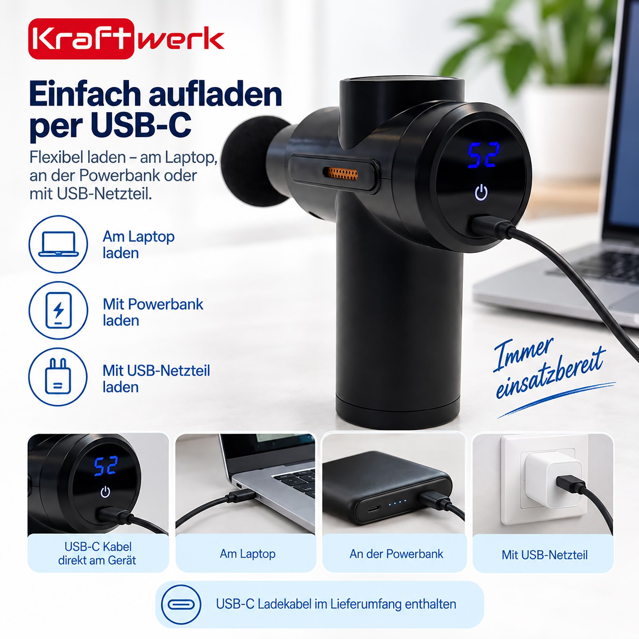 Massagepistole wird per USB-C an Laptop, Powerbank oder Netzteil geladen.