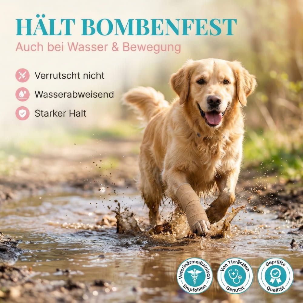 Hund mit Verband am Bein rennt durch Wasser. Text: Hält bombenfest. Nicht verrutschen, wasserabweisend, starker Halt. Tierärzte empfohlen.