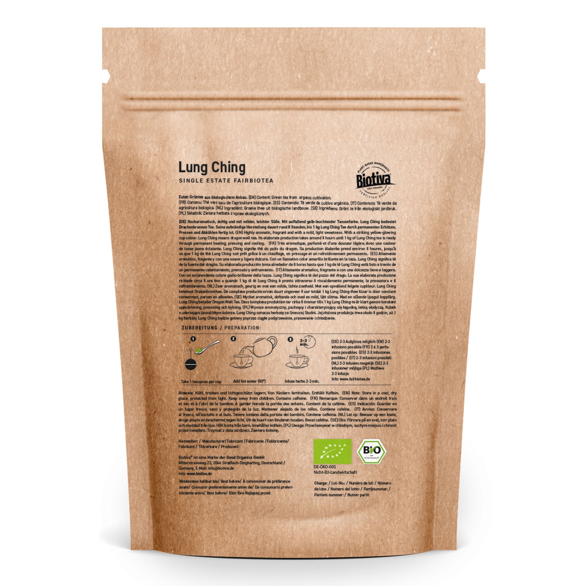 Rückseite der Grüntee-Verpackung. Text in mehreren Sprachen, Bio-Siegel, Zubereitungshinweise, Biotiva-Logo.